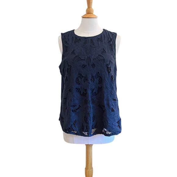 J. Jill Navy Embroidered Cut Out Overlay Sleeveless Tank/Blouse, Size L - Picture 1 of 11